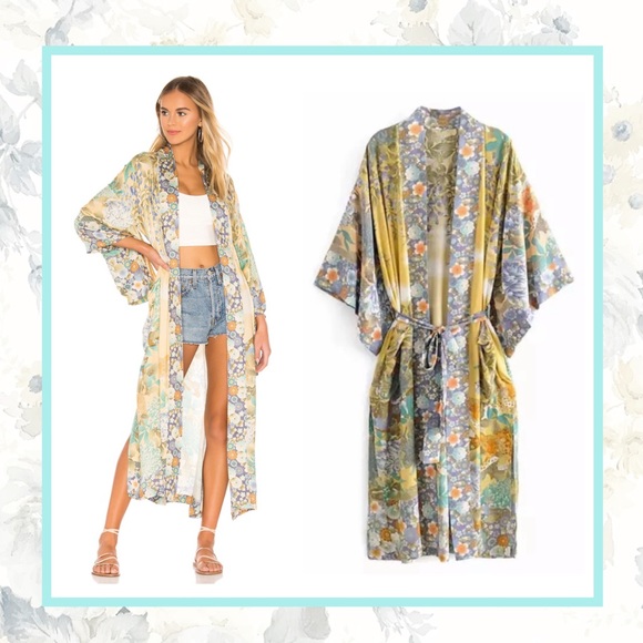 🌸 BOHO KIMONO ROBE COVER DUSTER KAFTAN LONG MAXI FLORAL BOHEMIAN PASTEL FLOWER - Picture 1 of 8
